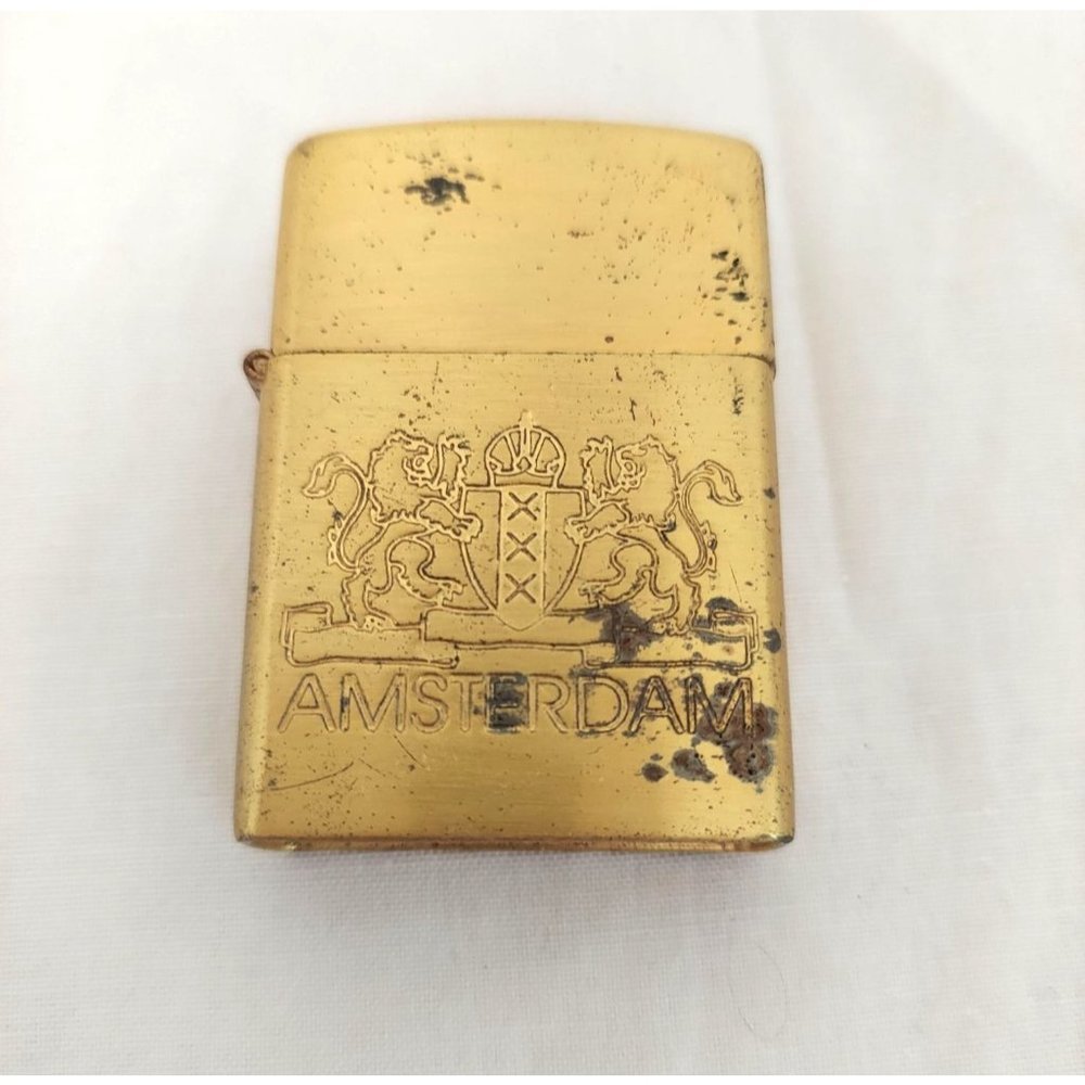 Vintage Amsterdam Lion Gold Flint Strike Lighter Wick Wheel Refillable Lighter